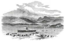 Launch of the "Dragon-Fly" Steamer on Lake Windermere, 1850. Creator: Smyth