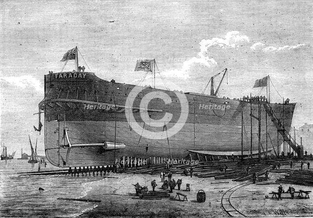 Launch of the Faraday, telegraph cable ship, 1874. Creator: Josiah Robert Wells.