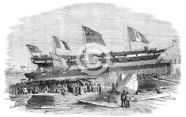 Launch of "The Genova" Steam-ship, at Messrs. Mare's, Blackwall, 1856.  Creator: Unknown.