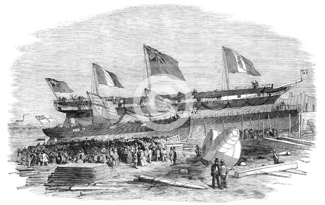 Launch of "The Genova" Steam-ship, at Messrs. Mare's, Blackwall, 1856.  Creator: Unknown.