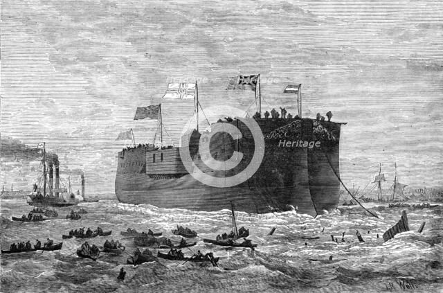 Launch of the German frigate Kaiser at Poplar, 1874. Creator: Josiah Robert Wells.