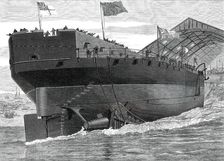Launch of the Inflexible at Portsmouth Dockyard: stern view of the ship, 1876. Creator: Josiah Robert Wells