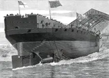 Launch of the Inflexible at Portsmouth Dockyard: stern view of the ship, 1876. Creator: Josiah Robert Wells