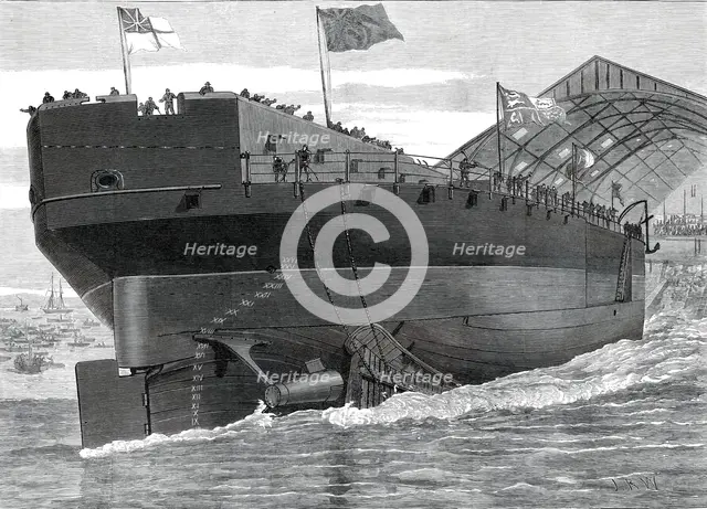 Launch of the Inflexible at Portsmouth Dockyard: stern view of the ship, 1876. Creator: Josiah Robert Wells.