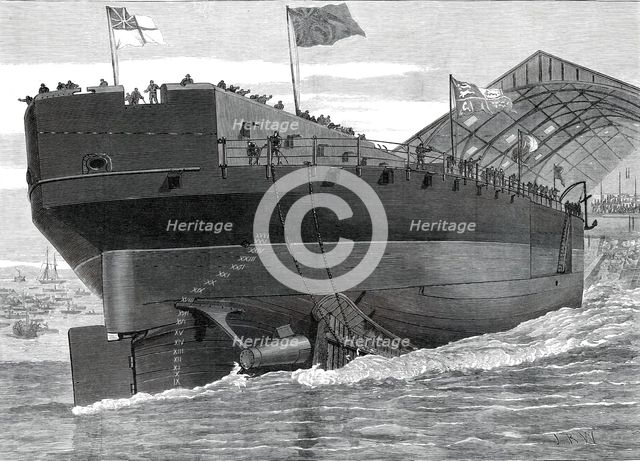 Launch of the Inflexible at Portsmouth Dockyard: stern view of the ship, 1876. Creator: Josiah Robert Wells.