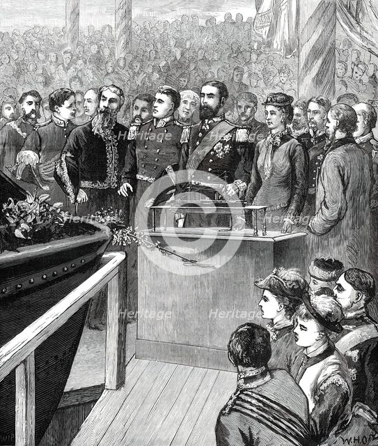 Launch of the Inflexible at Portsmouth...Princess Louise Starting the Ship by Electricity...1876. Creator: W. H. O..