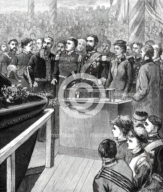 Launch of the Inflexible at Portsmouth...Princess Louise Starting the Ship by Electricity...1876. Creator: W. H. O..