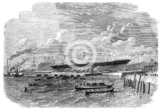 Launch of the Knight Commander, iron screw steam-ship, built at Dublin, 1864. Creator: Smyth.