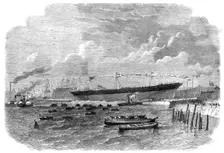 Launch of the Knight Commander, iron screw steam-ship, built at Dublin, 1864. Creator: Smyth