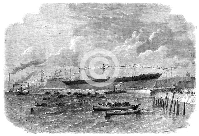 Launch of the Knight Commander, iron screw steam-ship, built at Dublin, 1864. Creator: Smyth.