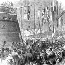 Launch of the screw-corvette Druid, Deptford Dockyard: Princess Louise releasing the dog-shore, 1869 Creator: Unknown
