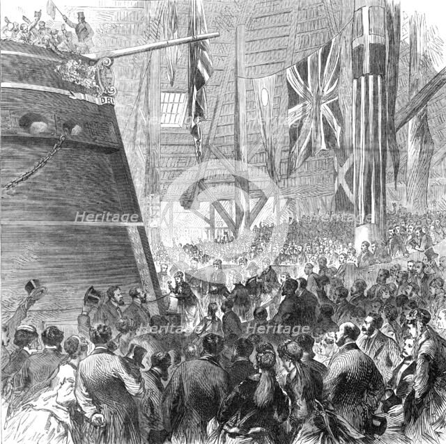 Launch of the screw-corvette Druid, Deptford Dockyard: Princess Louise releasing the dog-shore, 1869 Creator: Unknown.