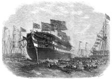 Launch of the screw line-of-battle ship "Anson" at Woolwich, 1860. Creator: Smyth