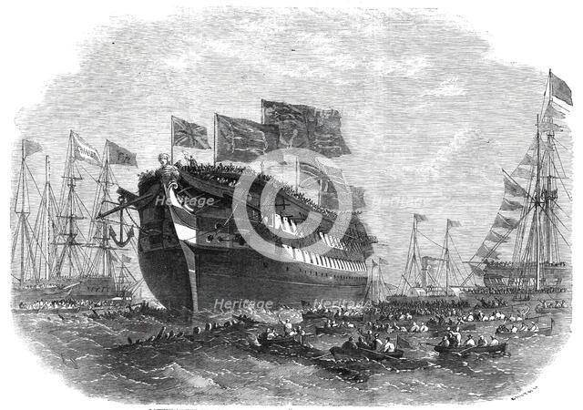 Launch of the screw line-of-battle ship "Anson" at Woolwich, 1860. Creator: Smyth.