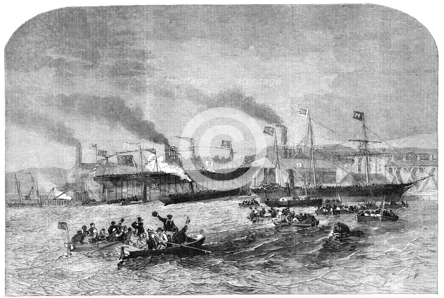 Launch of Three Iron Screw Steam-Vessels, at Newcastle-on-Tyne, 1856.  Creator: Unknown.
