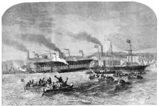 Launch of Three Iron Screw Steam-Vessels, at Newcastle-on-Tyne, 1856. Creator: Unknown