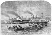 Launch of Three Iron Screw Steam-Vessels, at Newcastle-on-Tyne, 1856. Creator: Unknown