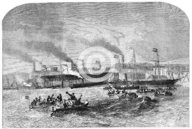 Launch of Three Iron Screw Steam-Vessels, at Newcastle-on-Tyne, 1856.  Creator: Unknown.