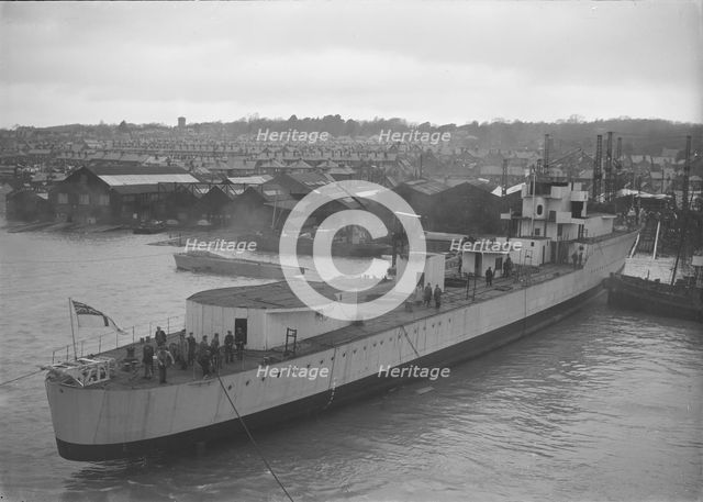 Launch of unknown ship at Samuel J. White's shipyard. Creator: Kirk & Sons of Cowes.