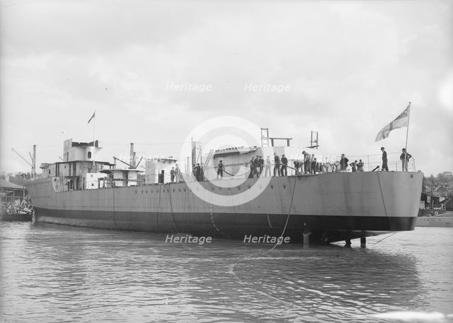 Launch of unknown ship at Samuel J. White's shipyard. Creator: Kirk & Sons of Cowes.