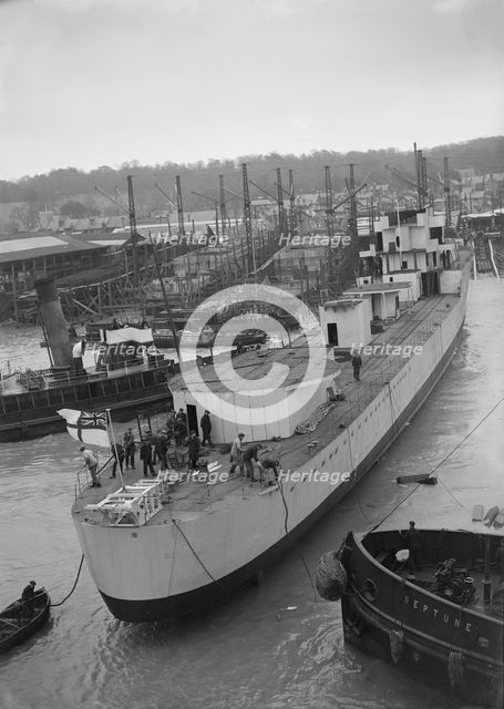 Launch of unknown ship at Samuel J. White's shipyard. Creator: Kirk & Sons of Cowes.