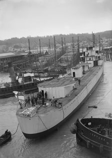 Launch of unknown ship at Samuel J. White's shipyard. Creator: Kirk & Sons of Cowes