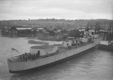 Launch of unknown ship at Samuel J. White's shipyard. Creator: Kirk & Sons of Cowes