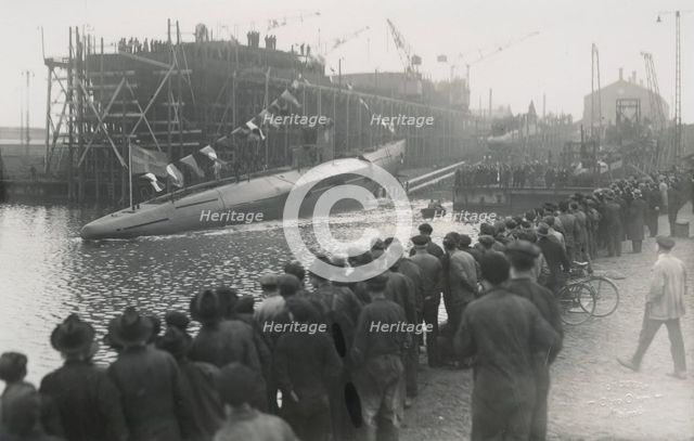 Launching of a submarine, Kockums shipyard, Malmö, Sweden, 1921. Creator: Otto Ohm.