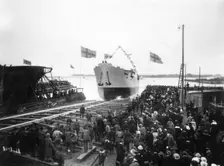 Launching of the SS Torild first ship built at the Landskrona Shipyard, Sweden, 1918. Creator: Unknown