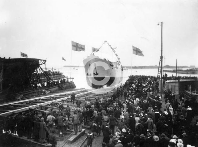 Launching of the SS 'Torild', first ship built at the Landskrona Shipyard, Sweden, 1918. Artist: Unknown