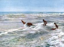 Launching a catamaran off the coast of Madras, India, early 20th century