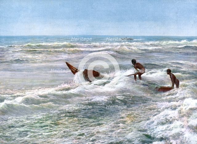 Launching a catamaran off the coast of Madras, India, early 20th century. Artist: Unknown