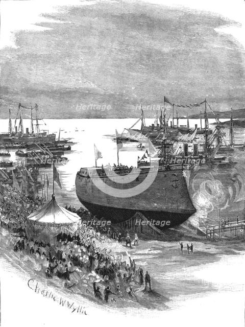 ''Launching the new Italian Ironclad "La Sardegna" at Spezia', 1890. Creator: Charles William Wyllie.