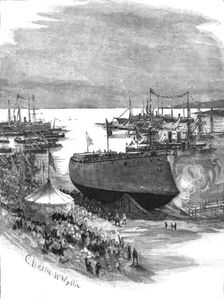 'Launching the new Italian Ironclad "La Sardegna" at Spezia 1890. Creator: Charles William Wyllie