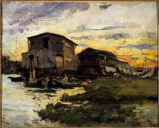 Laundry boat on the Seine, around Paris, c1880. Creator: Unknown