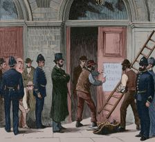 Law enforcement officers removing the inscription from the door of the Irish National Land...1881. Creator: Unknown