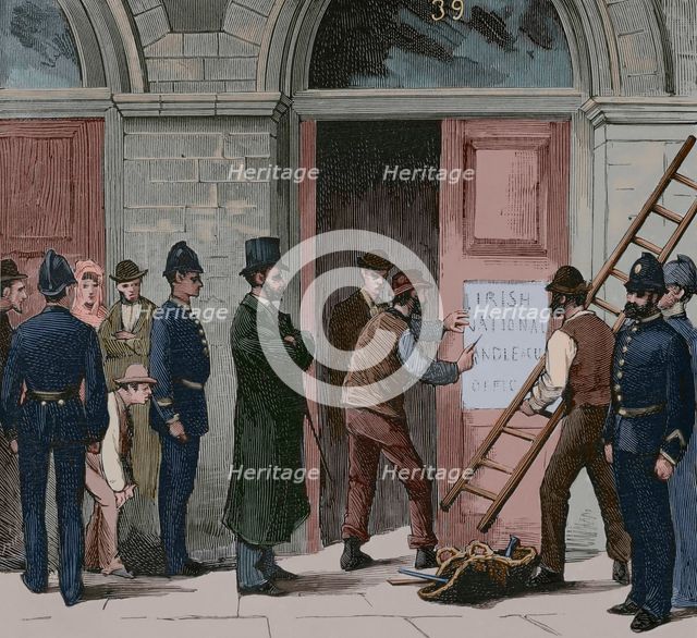 Law enforcement officers removing the inscription from the door of the Irish National Land...1881.  Creator: Unknown.