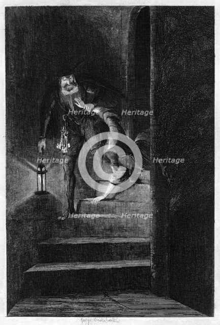 Lawrence Nightgall dragging Cicely down the secret stairs in the Salt Tower, 1840. Artist: George Cruikshank