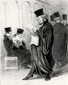 Lawyer Chabotard while reading in a legal journal a eulogy on himself, 1846. Creator: Daumier, Honoré (1808-1879)