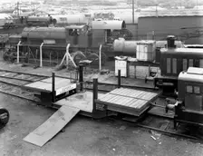 Laycock Engineering rail mounted loadlifta, Bicester sidings, Oxfordshire, 1959. Creator: Michael Walters