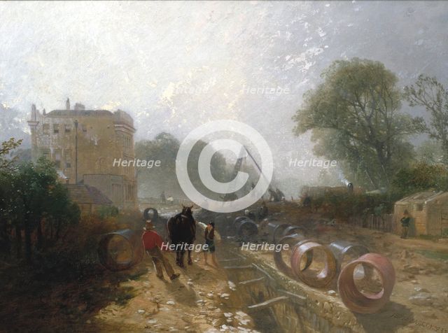 'Laying Monster Tubes from the New River', c1820-1870.                 Artist: James Baker Pyne