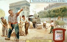 Laying a Macadam road surface and compacting it with a steam road roller, Paris, c1900