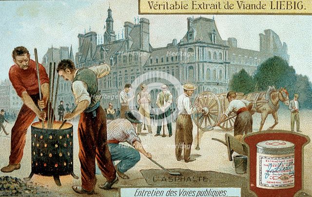 Laying an asphalt-based surface in a Paris street, c1900.  Creator: Unknown.