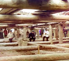 Laying concrete for the dam's sluice, Beloomut, 1912. Creator: Sergey Mikhaylovich Prokudin-Gorsky