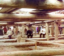 Laying concrete for the dam's sluice, Beloomut, 1912. Creator: Sergey Mikhaylovich Prokudin-Gorsky