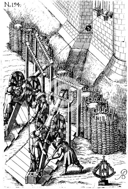 Laying siege canon on target, from 'Le diverse et artificiose machine', 1620. Artist: Unknown