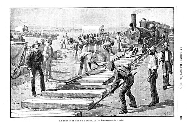 Laying sleepers and rails (permanent way) on the Transvaal Railway, South Africa, 1893. Artist: Unknown