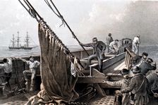 Laying the transatlantic telegraph cable, 1865 (1866). Creator: Unknown