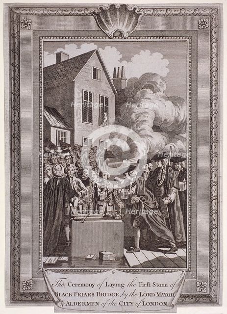 Laying the first stone of Blackfriars Bridge, London, 1760. Artist: Anon