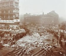 Laying tramlines at the junction of Whitechapel High Street and Commercial Road, London, 1907